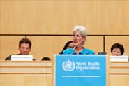 HHS Secretary Sebelius addresses the 65th World Health Assembly in the Palais Des Nations, Salle Des Assemblees. Credit: Photo by Eric Bridiers.