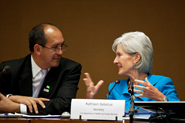 HHS Secretary Sebelius leads a panel discussion at the 65th World Health Assembly. Credit: Photo by Eric Bridiers.
