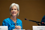 HHS Secretary Sebelius leads a panel discussion at the 65th World Health Assembly. Credit: Photo by Eric Bridiers.