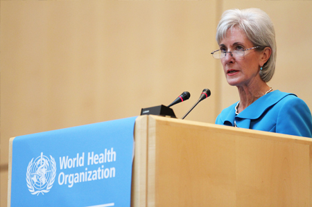 HHS Secretary Sebelius addresses the 65th World Health Assembly in the Palais Des Nations, Salle Des Assemblees. Credit: Photo by WHO/Pierre Albouy.