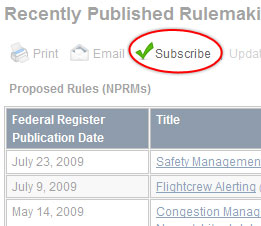 Visual example of the subscribe link on FAA pages