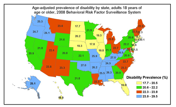 Age-adjusted Prevalence of Disability by State, adults age 18 or older, 2008 Behavioral Risk Factor Surveillance System