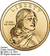 Sacagawea portrayed in three-quarter profile. On her back, Sacagawea carries Jean Baptiste, her infant son.