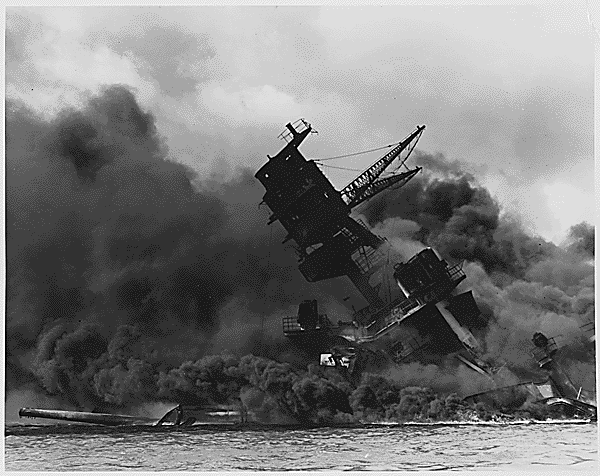 USS Arizona burning in Pearl Harbor attack