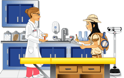una niña toma notas mientras habla una mujer en un laboratorio