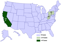 A map of the United States depicting case counts of hantavirus infection in people who recently visited Yosemite National Park, by state of residence