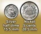 Image shows the silver half dime at 15.5 millimeters compared to the nickel 5-cent coin at 20.5 millimeters.
