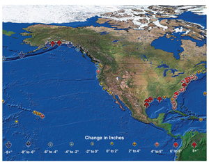 Map of the United States that shows sea level rise in inches. Some areas of Alaska and the Northwest show declines of sea level between zero and more than eight inches. The U.S. islands, parts of Alaska, the Gulf Coast, and the East Coast show sea level rise from about four to more than eight inches.