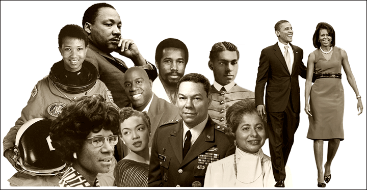 Left to right: Mae Jemison; Shirley Chisholm; Martin Luther King, Jr.; Hazel Scott; Earvin 'Magic' Johnson; Ben Carson, M.D.; Colin Powell; Henry O. Flipper; Patricia Roberts Harris; Barack and Michelle Obama