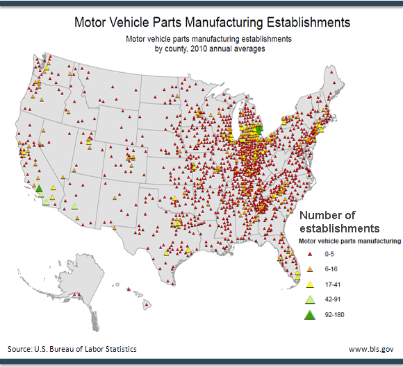 Annual averages of motor vehicle parts manufacturing establishments, by county, 2010