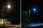 New LED lighting fixtures (right) emit a whiter light than existing high-pressure sodium cobra head streetlights (left) and don't spill light onto nearby houses. | Photos courtesy of the City of Muscatine