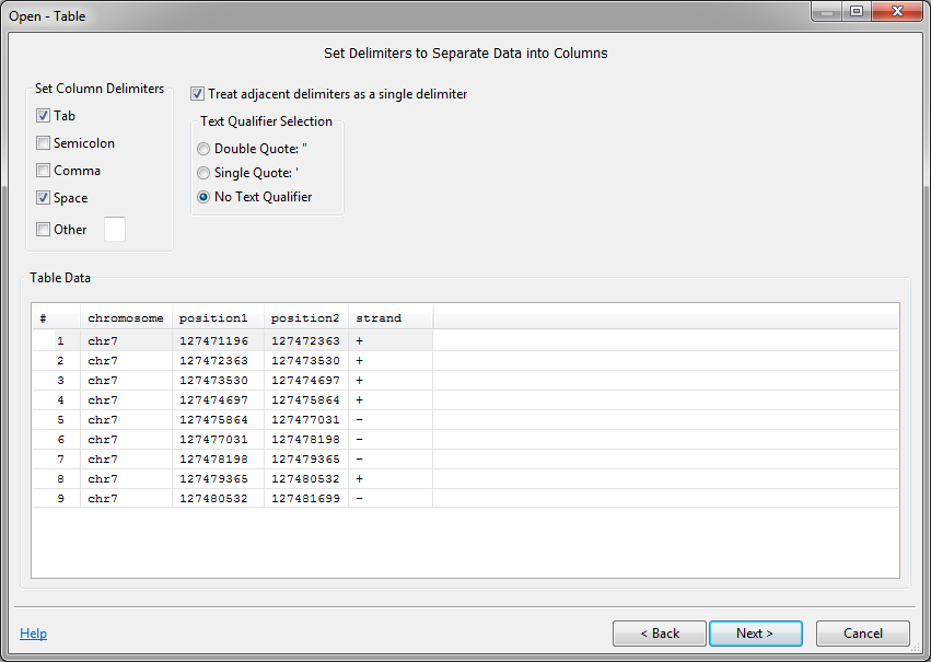 select delimiters for table