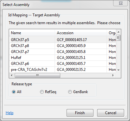 sample table assembly selection window