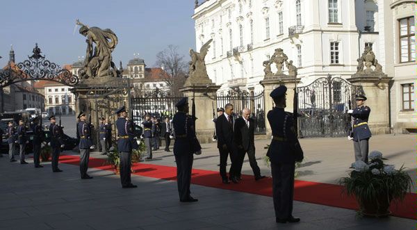 Czech Republic's President Vaclav Klaus, right, welcomes U.S. President Barack Obama, left, at the Prague Castle in Prague, Czech Republic, Thursday, April 8, 2010. 