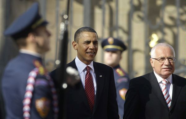 Czech Republic's President Vaclav Klaus, right, welcomes U.S. President Barack Obama, left, at the Prague Castle in Prague, Czech Republic, Thursday, April 8, 2010. President Barack Obama and his Russian counterpart Dmitry Medvedev will sign the newly completed New START treaty reducing long-range nuclear weapons on Thursday.