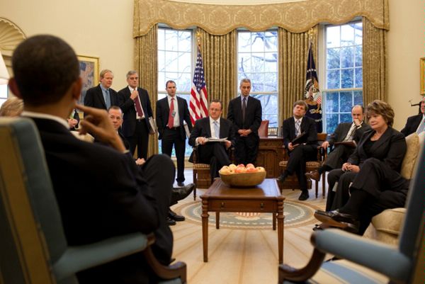 President Barack Obama meets with senior advisors in the Oval Office, prior to making a statement on the New START Treaty, March 26, 2010. 