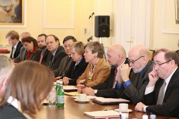 The U.S. New START Delegation (right) at the negotiating table at the Russian Mission to the United Nations in Geneva. Head of delegation, Rose Gottemoeller, U.S. Assistant Secretary of State for Verification, Compliance, and Implementation, is at the center (brown jacket), April 6, 2010.