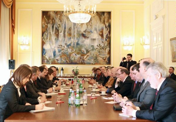 The U.S. and Russian Delegations sit opposite one another at the negotiating table at the Russian Mission to the United Nations in Geneva, where many of the negotiating sessions were held, April 6, 2010.