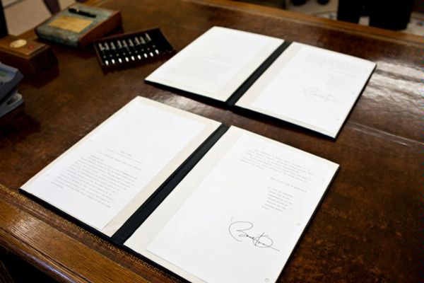President Barack Obama's signature on the instrument of ratification of the New START Treaty in the Oval Office.