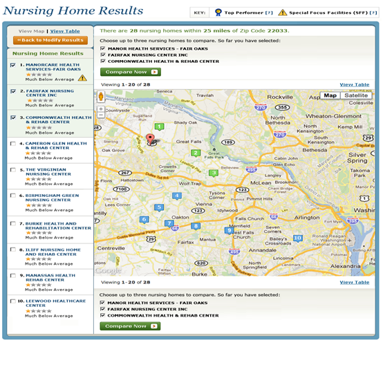 Nursing Home Results Page Map View