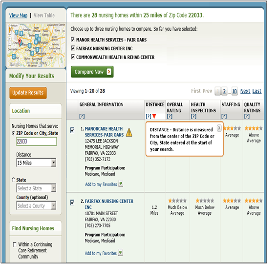 Nursing Home Results Page Table View