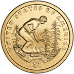 Coin image shows an American Indian woman sowing seed in a garden.