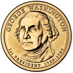 Image shows the front of the Washington $1 coin, featuring a bust of the President, his name, and the words First President 1789 to 1797.