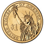 Image shows the back of Presidential $1 coins, featuring the Statue of Liberty and the words United States of America and $1.