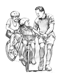 Drawing of a father helping his daughter learn how to ride a bike. A woman on a bike follows them.