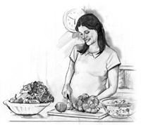 Drawing of a smiling pregnant woman standing in her kitchen and cutting fruits and vegetables. There are bowls of fresh fruits and vegetables on the counter.