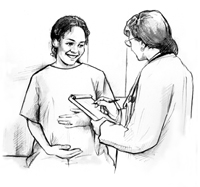 Drawing of a smiling pregnant woman talking with her doctor. The doctor is writing in the woman’s medical chart. 