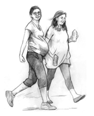 Drawing of two pregnant women walking for exercise and carrying water bottles.