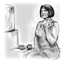 Drawing of woman who is sitting down and using hand weights.