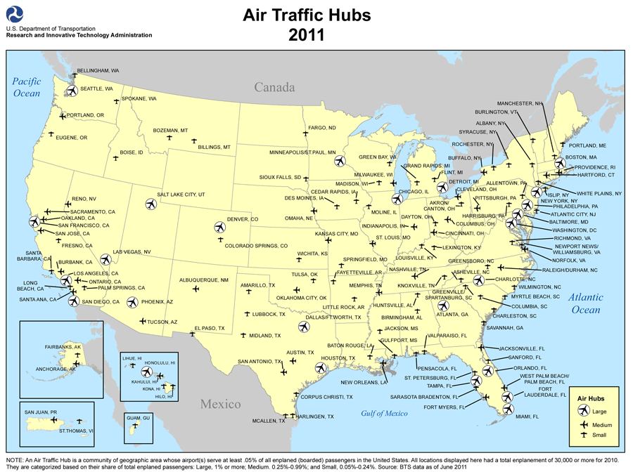 Air Traffic Hubs 2011 map. If you are a user with a disability and cannot view this image, please call 800-853-1351 for further assistance.