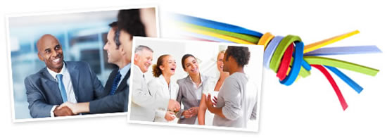 This image is a collage of 3 images. The first image shows a group of business men shaking hands. The middle image shows a group of friends laughing. The third image is a group of colorful rubber bands tied together.