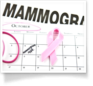 This is an image of a calendar depicting October with the word mammogram in the background.