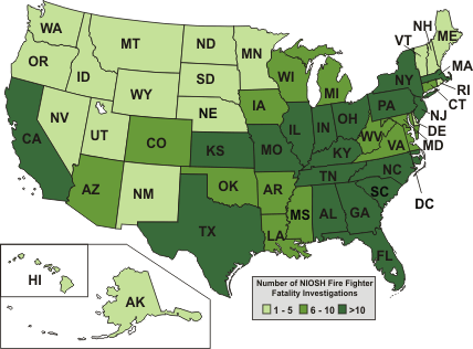 U.S. Map with States colored based on number of reports. Light Green: 1 - 5 investigations; Med Green: 6 - 10 investigations and Dark Green: > 10 investigations