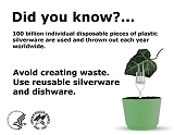 Did you know?... 100 billion individual disposable pieces of plastic silverware are used and thrown out each year worldwide. Avoid creating waste. Use reusable silverware and dish ware.