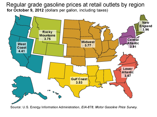 U.S. map with latest weekly gasoline prices by region from Gasoline and Diesel Fuel Update