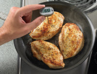 Food thermometer and chicken breasts in skillet