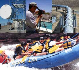 Image is a collage including a person filming, 
communication site, people 
in a raft, and a pipeline.