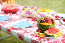 Fruit and salads on picnic table