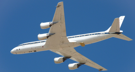 The antenna housing of the MCoRDS instrument being used during the 2012 Operation IceBridge mission over Antarctica projects underneath the rear fuselage of NASA's DC-8 airborne science laboratory.