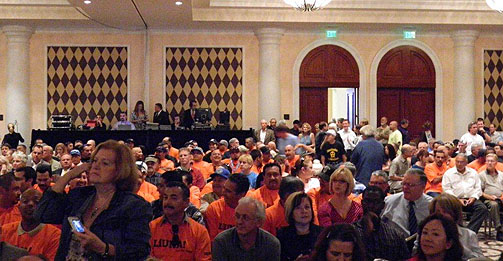 A standing room only crowd of over 1,000 awaits the start of a meeting about the San Onofre nuclear power plant in Dana Point, Calif. The meeting featured a roundtable discussion about issues at the plant, followed by questions from the audience.