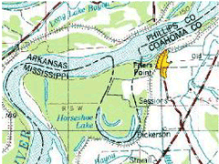 Section of a topographic map showing boundary between Arkansas and Mississippi