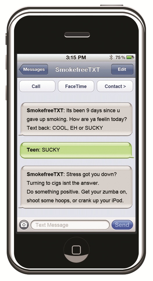  Image of iPhone with quit smoking text messages displayed.