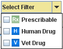 Select Filter dropdown box showing Prescribable, Human Drug and Vet Drug items