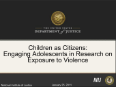Still image linking to the recorded seminar Children as Citizens: Engaging Adolescents in Research on Exposure to Violence, uses Adobe Presenter