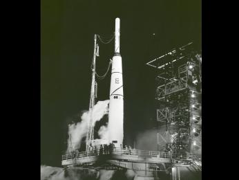 Thor-Able I with the Pioneer I spacecraft atop, prior to launch at Eastern Test Range at what is now Kennedy Space Center.