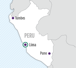 Map of Peru with Southern Peru and North Coastal Peru marked.